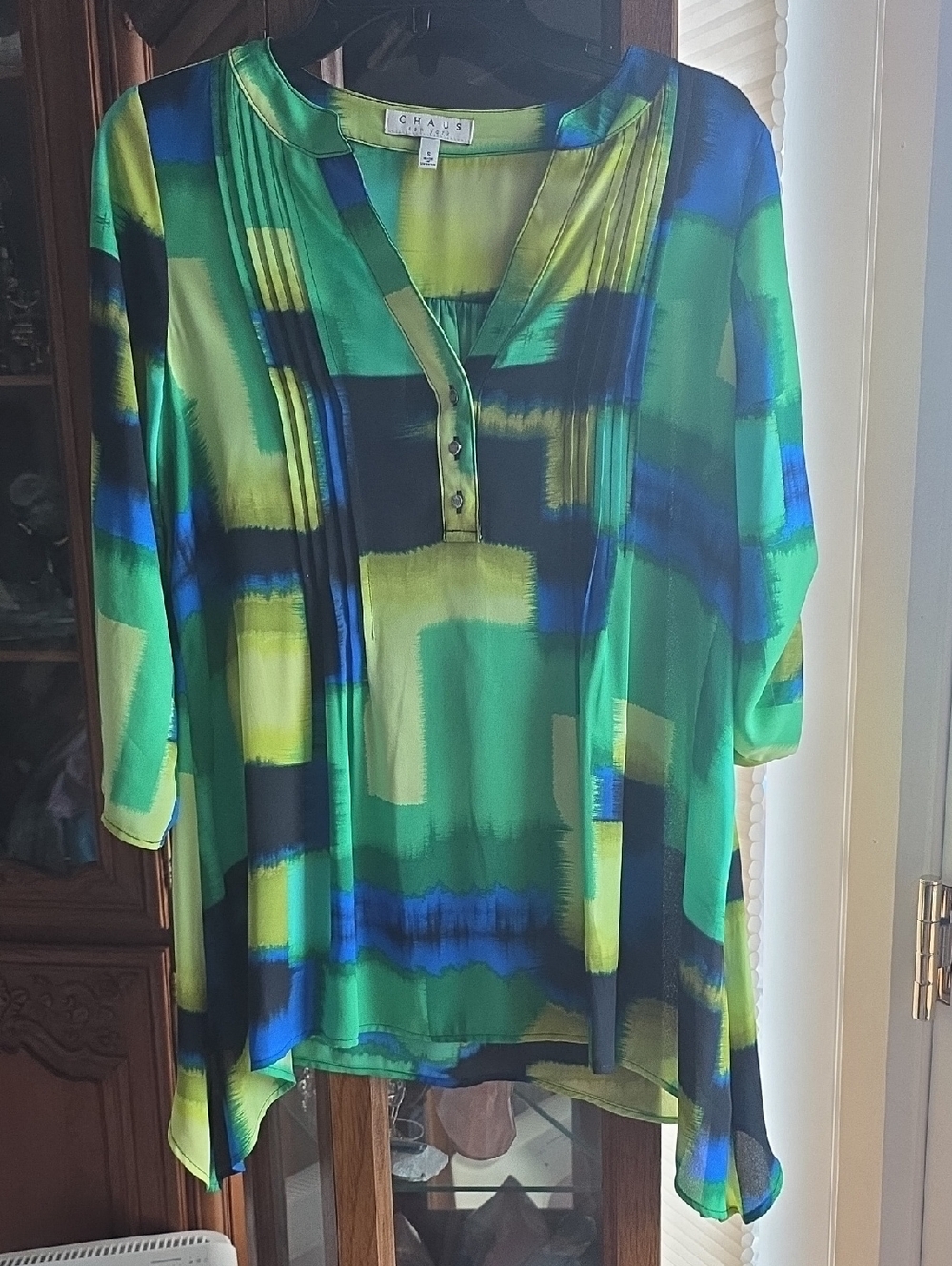 Chaus Green, Blue & Yellow Abstract Pintuck Tunic